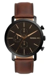Fossil Luther Chronograph Leather Strap Watch, 44mm In Black