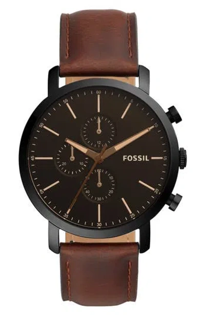 Fossil Luther Chronograph Leather Strap Watch, 44mm In Black
