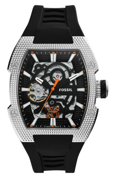 Fossil Machine Automatic Silicone Strap Watch In Black/silver