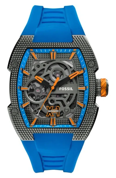 Fossil Machine Automatic Silicone Strap Watch In Blue/gunmetal