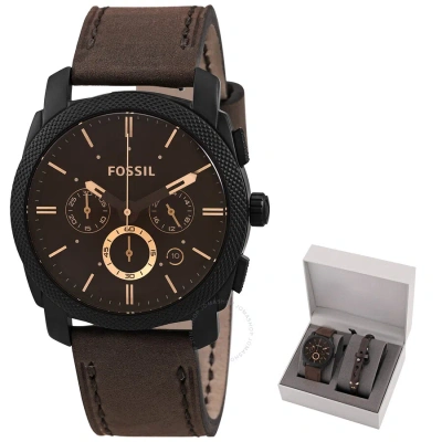 Fossil Machine Chronograph Dark Brown Dial Men's Watch Set Fs5251set In Black / Brown / Dark