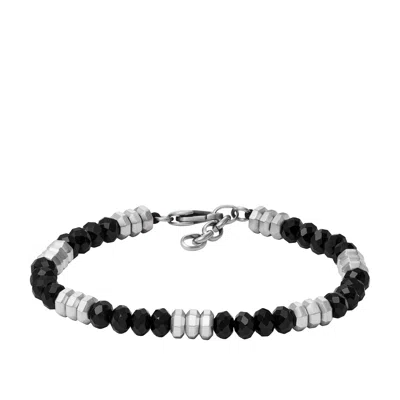 Fossil Men's All Stacked Up Black Agate Beaded Bracelet In Silver