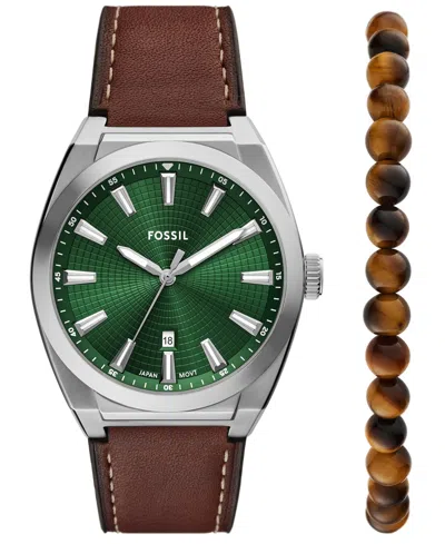 Fossil Men's Everett Three-hand Date Brown Leather Watch And Bracelet Set, 42mm