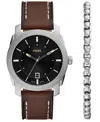 Fossil Men's Machine Three-hand Date Brown Leather Watch And Bracelet Set, 42mm In Brown