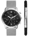 Fossil Men's Neutra Chronograph Silver-tone Stainless Steel Mesh Watch 44mm And Bracelet Box Gift Set In Silver-tone