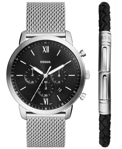 Fossil Men's Neutra Chronograph Silver-tone Stainless Steel Mesh Watch 44mm And Bracelet Box Gift Set