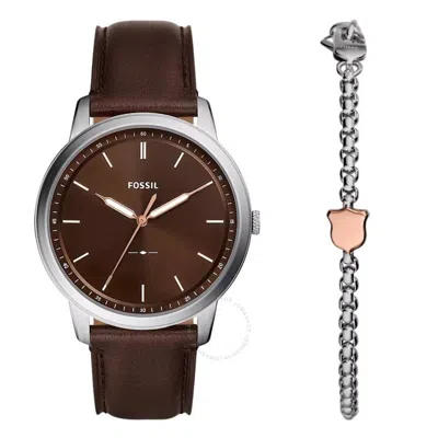 Fossil Minimalist Quartz Brown Dial Men's Watch And Bracelet Box Set Fs6019set In Neutral