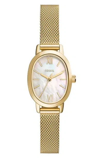 Fossil Penny Mother-of-pearl Quartz Mesh Bracelet Watch, 23mm In Gold
