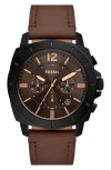 Fossil Privateer Chronograph Quartz Leather Strap Watch, 45mm In Black