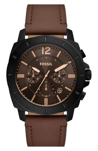 Fossil Privateer Chronograph Quartz Leather Strap Watch, 45mm In Brown