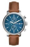 Fossil Rhett Leather Strap Watch, 42mm In Silver/ Brown/ Blue