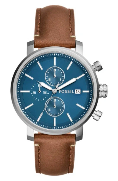 Fossil Rhett Leather Strap Watch, 42mm In Silver/ Brown/ Blue