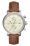Fossil Rhett Leather Strap Watch, 42mm In Silver/ Brown/ Ivory