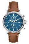 Fossil Rhett Leather Strap Watch, 42mm In Silver/brown/blue