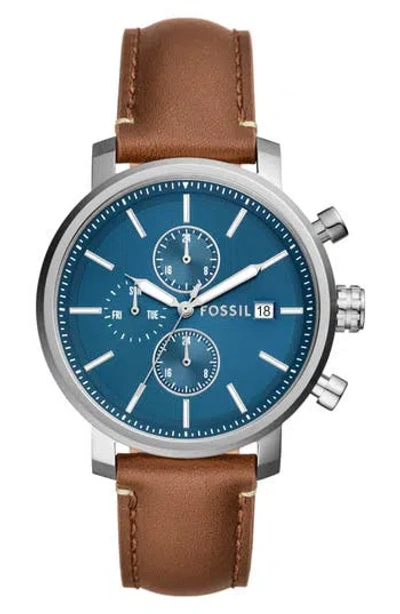 Fossil Rhett Leather Strap Watch, 42mm In Silver/brown/blue