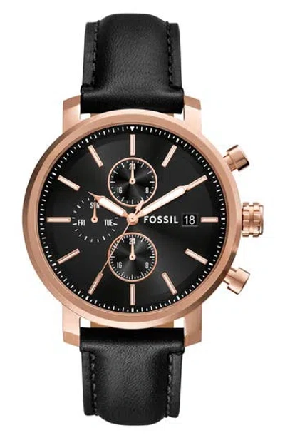 Fossil Rhett Leather Strap Watch, 43mm In Black