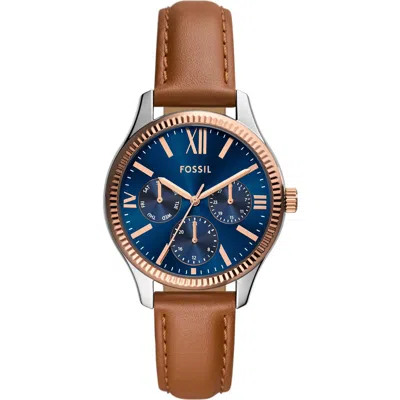Fossil Rye Multifunction Leather Strap Watch, 36m. In Silver