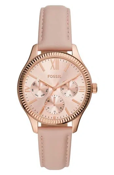 Fossil Rye Quartz Multifunction Leather Strap Watch, 36mm In Pink