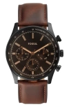 Fossil Sullivan Multi Function Leather Strap Watch, 44mm In Black/brown
