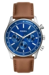 Fossil Sullivan Multi Function Leather Strap Watch, 44mm In Silver/ Blue