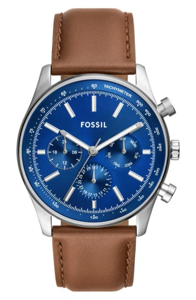 Fossil Sullivan Multi Function Leather Strap Watch, 44mm In Brown