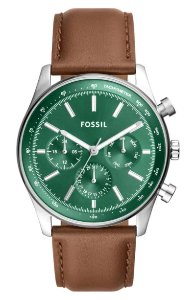 Fossil Sullivan Multi Function Leather Strap Watch, 44mm In Silver/ Green