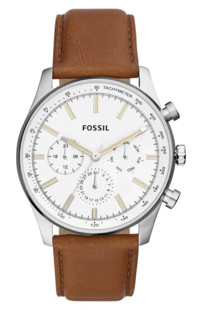 Fossil Sullivan Three-hand Quartz Faux Leather Strap Watch, 44mm In Silver