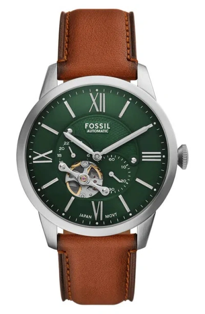 FOSSIL FOSSIL TOWNSMAN AUTOMATIC LEATHER STRAP WATCH, 44MM
