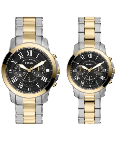 Fossil Unisex Grant Chronograph Silver Gold-tone Stainless Steel Watch Set 44mm And 36mm In Multi