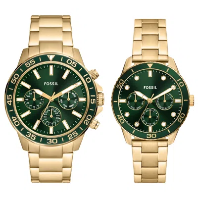 Fossil Unisex His And Hers Multifunction, Gold-tone Stainless Steel Watch Set, Bq2754set In Green