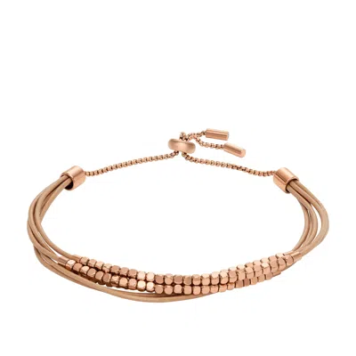 Fossil Women's All Stacked Up Brown Leather Chain Bracelet In Gold