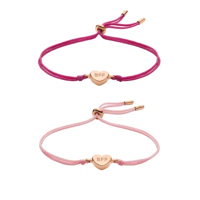 Fossil Women's Bff Rose Gold-tone Stainless Steel Heart Bracelet Set In Pink