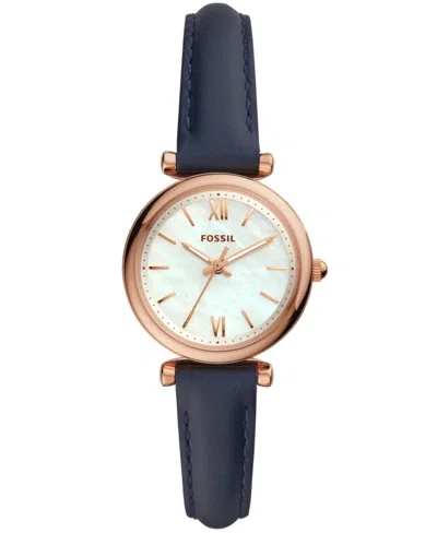 Fossil Mini Carlie Star Leather Strap Watch, 28mm In Navy/ White Mop/ Rose Gold