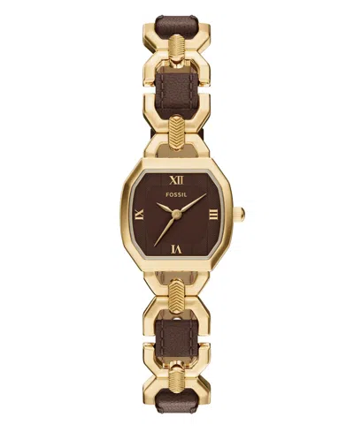 Fossil Women's Harlow Three-hand Brown Leather And Gold-tone Stainless Steel Watch 22mm In Brown,gold