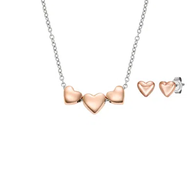 Fossil Women's Heart Two-tone Stainless Steel Necklace And Earrings Gift Set In Gold