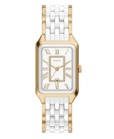 Fossil Women's Raquel Three-hand Date Gold-tone Stainless Steel White Ceramic Watch 26mm In White,gold