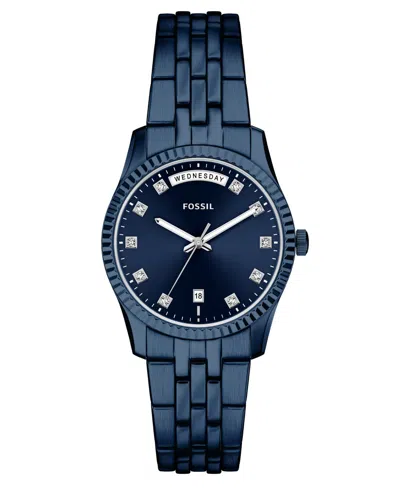 Fossil Women's Scarlette Day-date Navy Stainless Steel Watch, 34mm In Blue