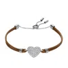 Fossil Women's Sutton Glitz Heart Brown Leather Strap Bracelet In Brown