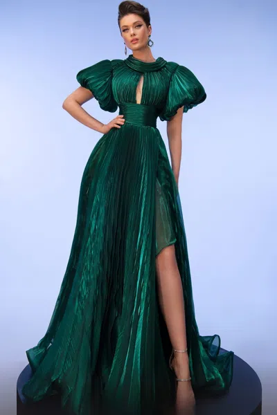 Fouad Sarkis Fully Pleated Short Sleeve Gown In Green