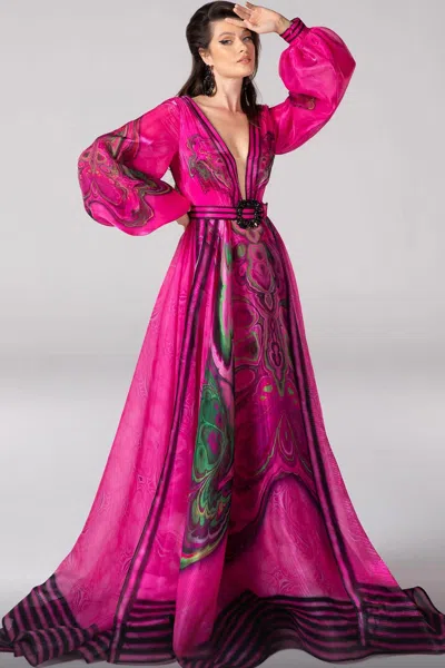 Fouad Sarkis Long Sleeve Print A-line Gown In Pink