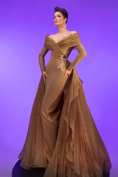 Fouad Sarkis Off Shoulder Gown With Cascading Ruffles In Beige