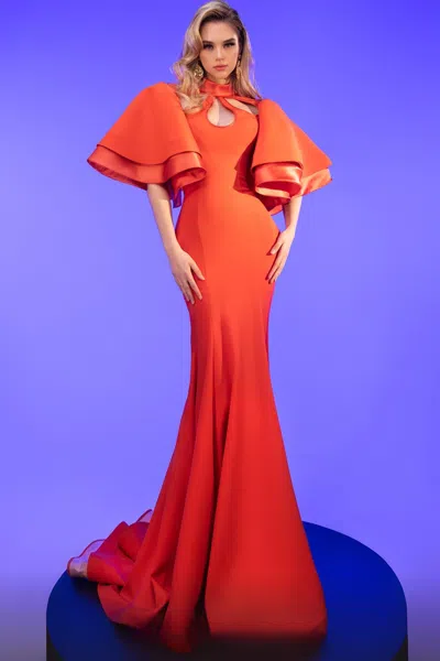 Fouad Sarkis Ruffled Sleeve Trumpet Gown In Orange