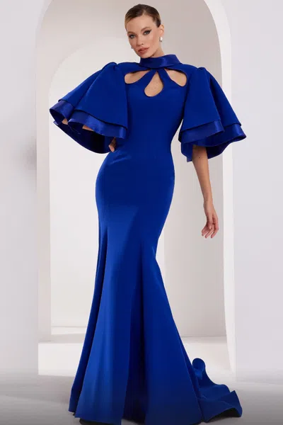 Fouad Sarkis Short Ruffled Sleeve Trumpet Gown In Blue