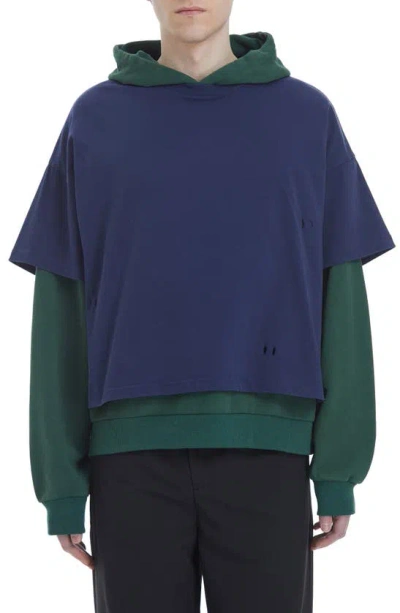Found Colourblock Layered Look Cotton Hoodie In Navy/ Forest