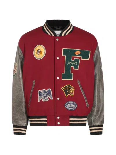 Found Crimson Letterman Patch-detail Leather-sleeve Jacket In Animal Print