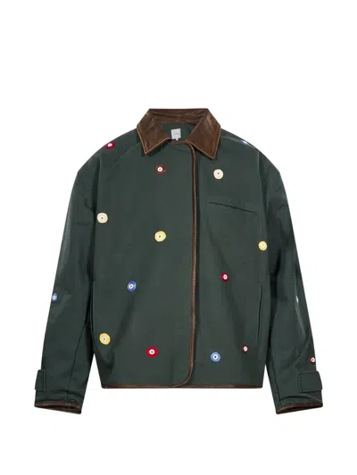 Found Crochet-appliqué Leather-trim Coat In Green