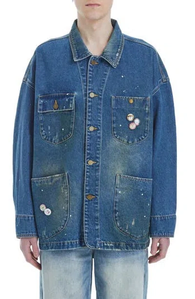 Found Distressed Denim Painter Jacket In Blue