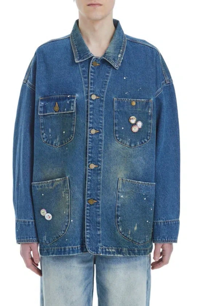 Found Distressed Denim Painter Jacket In Sand Washed Blue