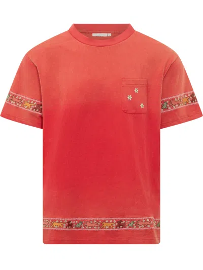 Found Embroidered Floral T-shirt In Washed Red