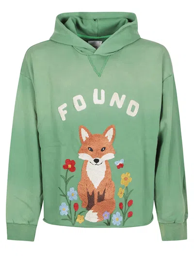 Found Embroidered Fox Floral Hooded Cotton Sweatshirt In Green